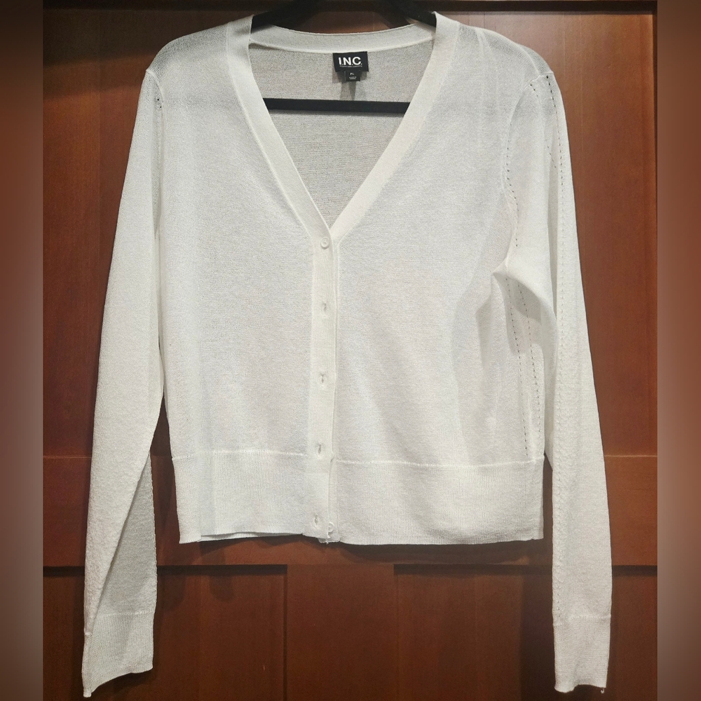 INC International Concepts White V-Neck Button-Front Cardigan